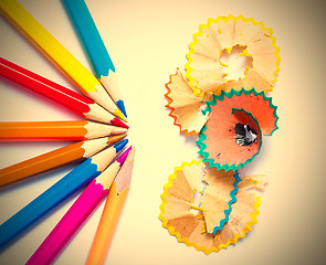 Image showing several colored pencils and shavings