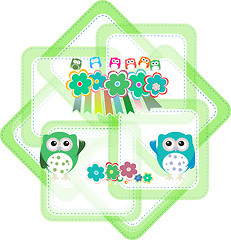 Image showing cartoon owls, flowers, holiday invitation card
