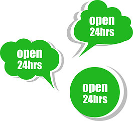 Image showing open 24 hours word on modern banner design template. set of stickers, labels, tags, clouds