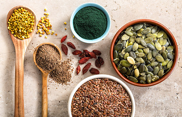 Image showing various superfoods on kitchen table