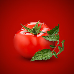 Image showing tomato with green leaf on red