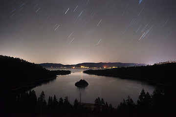 Image showing Long Exposure Night Sky Emerald Bay Fannette Island Lake Tahoe