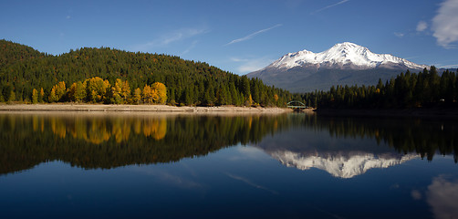 Image showing Mt Shasta Reflection Mountain Lake Modest Bridge California Recr