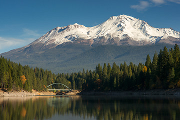 Image showing Mt Shasta Reflection Mountain Lake Modest Bridge California Recr