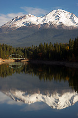 Image showing Mt Shasta Reflection Mountain Lake Modest Bridge California Recr