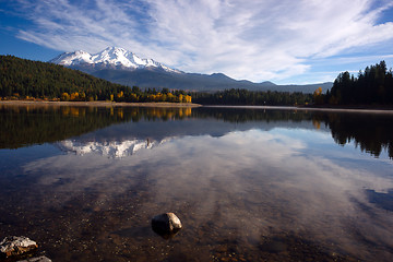 Image showing Mt Shasta Reflection Mountain Lake Modest Bridge California Recr