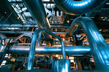 Image showing Industrial zone, Steel pipelines in blue tones