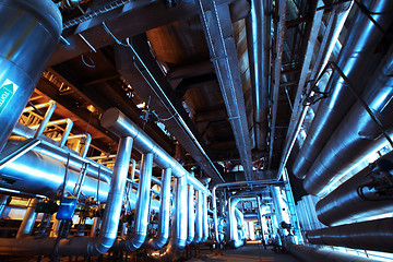 Image showing Industrial zone, Steel pipelines in blue tones
