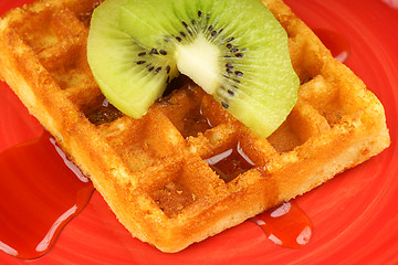 Image showing Waffle with kiwi fruit and syrup