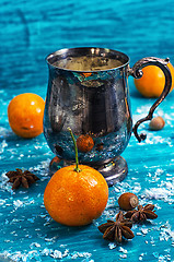 Image showing drink mulled wine on bright blue background.