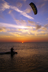 Image showing Kite surfing and sunset