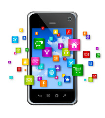 Image showing Mobile Phone and flying apps icons