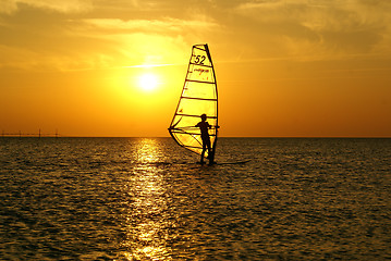 Image showing Windsurfing and sunset