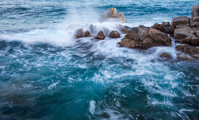 Image showing waves of the sea and coastal rocks, surf