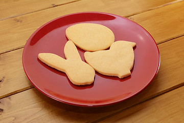 Image showing Cookies in egg, chick and rabbit shapes for Easter