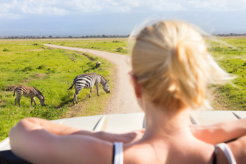 Image showing Woman on african wildlife safari.