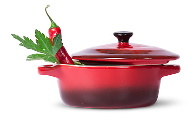 Image showing Parsley with red chili pepper in saucepan