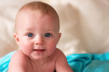 Image showing Close Up Portrait Young Blue Eyed Infant Boy Male Child