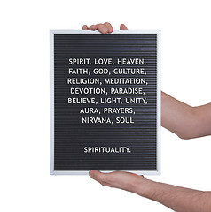 Image showing Spirituality concept in plastic letters on very old menu board