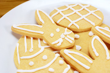 Image showing Close up of frosted Easter cookies on a plate
