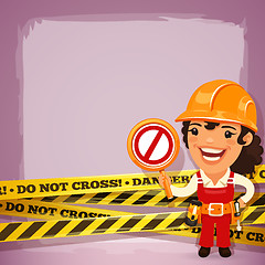 Image showing Female Builder With Danger Tapes