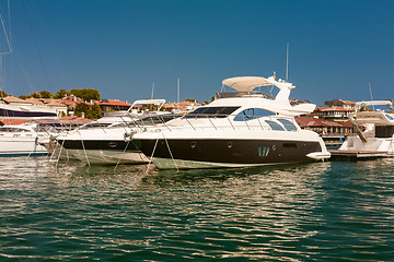 Image showing Row of luxury motorised yachts moored in a sheltered harbour