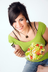 Image showing Healthy Eating Woman Enjoys Raw Food Fresh Green Salad