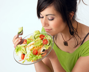 Image showing Healthy Eating Woman Enjoys Raw Food Fresh Green Salad