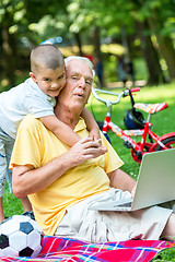 Image showing grandfather and child using laptop