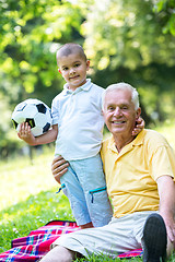 Image showing grandfather and child have fun  in park