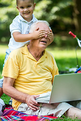 Image showing grandfather and child using laptop