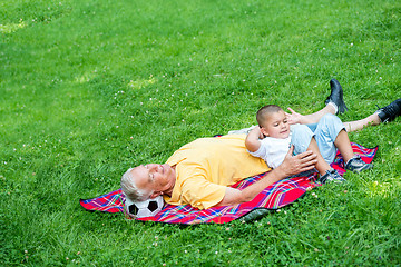 Image showing grandfather and child using laptop