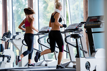 Image showing friends  exercising on a treadmill at the bright modern gym