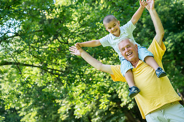 Image showing grandfather and child have fun  in park