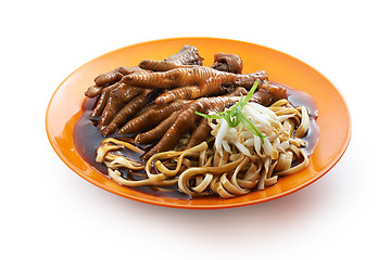 Image showing Fried noodle with chicken finger and bean spouts