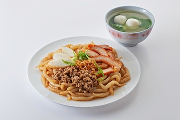 Image showing Fried noodle with roast pork sliced fish cake minced pork and fi