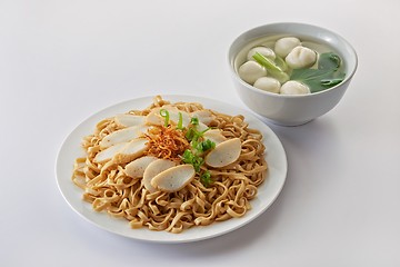 Image showing Fried noodle with fish cake and fishball soup