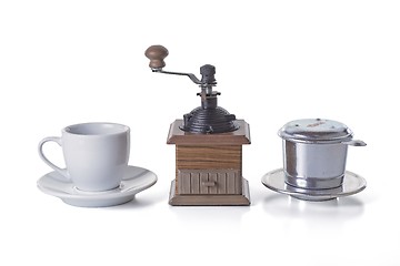 Image showing Vietnam style coffee fin and manual grinder