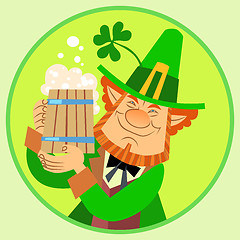 Image showing Day Patrick green leprechaun with beer and Shamrock