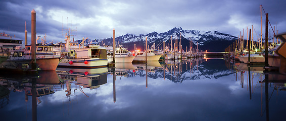 Image showing Boats on Smooth Resetrection Bay Seward Alaska Harbor Marina