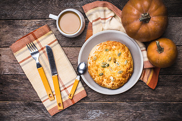 Image showing Coffee with flatbread and pumpkins in rustic style