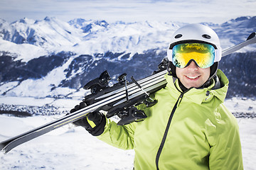 Image showing Young successful men ski mountain winter resort