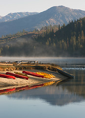 Image showing Rental Kayaks Rowboat Paddle Boats Pristine Mountain Lake
