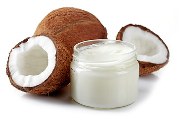 Image showing jar of coconut oil and fresh coconuts