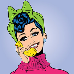 Image showing pop art cute retro woman in comics style talking on the phone