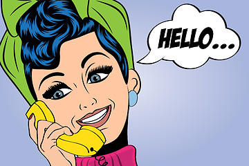 Image showing pop art cute retro woman in comics style talking on the phone