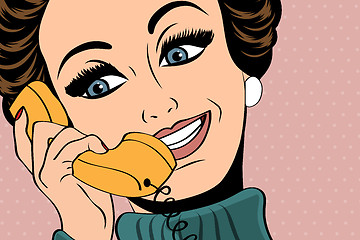 Image showing pop art cute retro woman in comics style talking on the phone