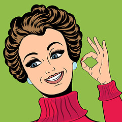 Image showing pop art cute retro woman in comics style making OK sign