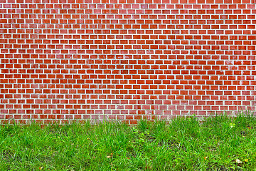 Image showing Brick wall and green grass