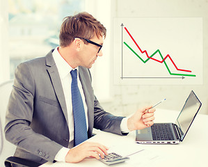 Image showing businessman with computer, papers and calculator